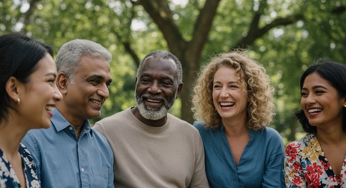 Group of people have a conversation outside