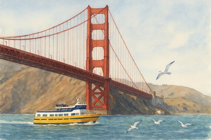 Golden Gate Bridge Watercolor - ChatGPT based on a photo from Mark Lovett
